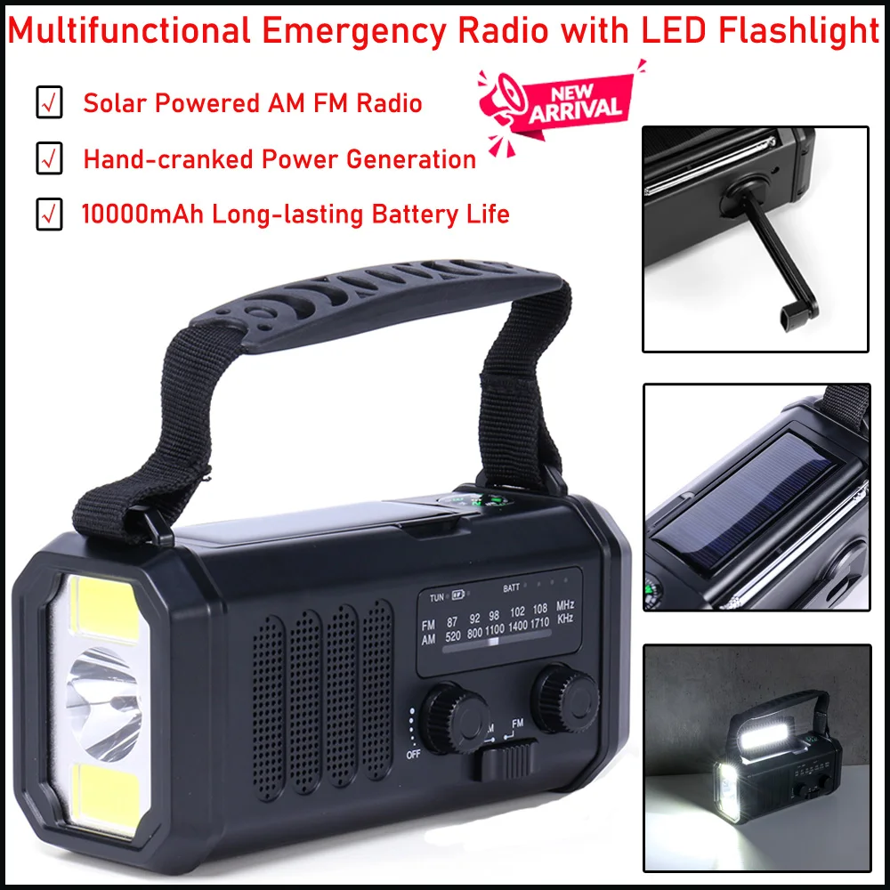 

Радио со светодиодным фонариком, на солнечной батарее, поддержка радио ed, AM, FM, портативное зарядное устройство с ручным приводом для сотово...