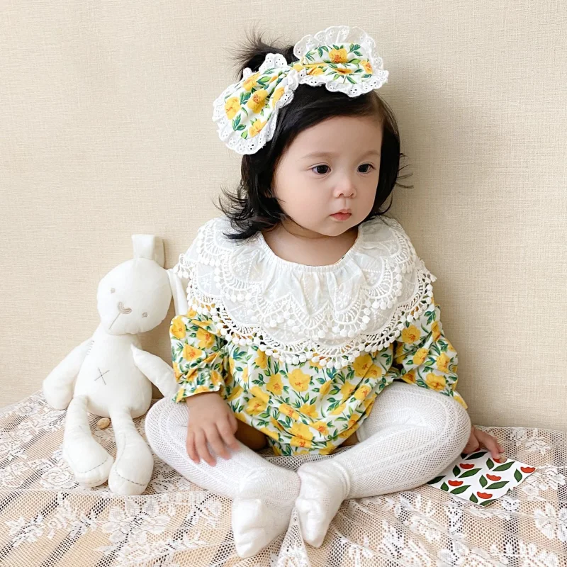 Spring Autumn New Born Baby Items Baby Girl Bodysuit Long Sleeves Fashion Cotton Floral Send Hairpin Bodysuit Baby Girl Clothes