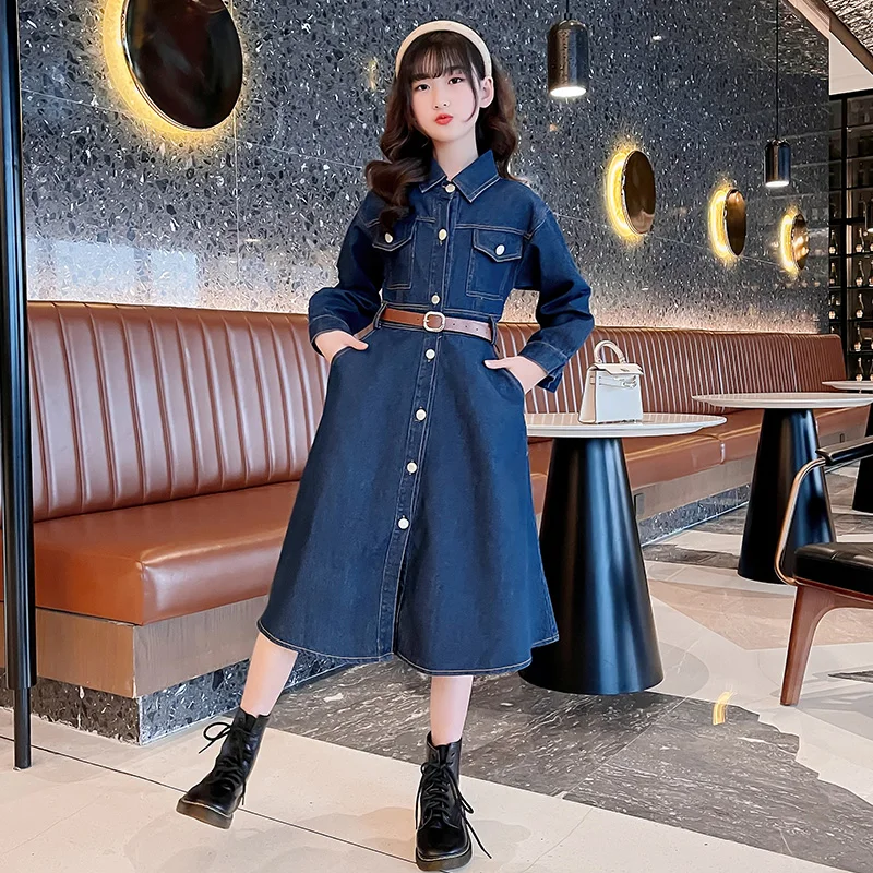 Демисезонное платье для девочек детское джинсовое длинное модная детская одежда