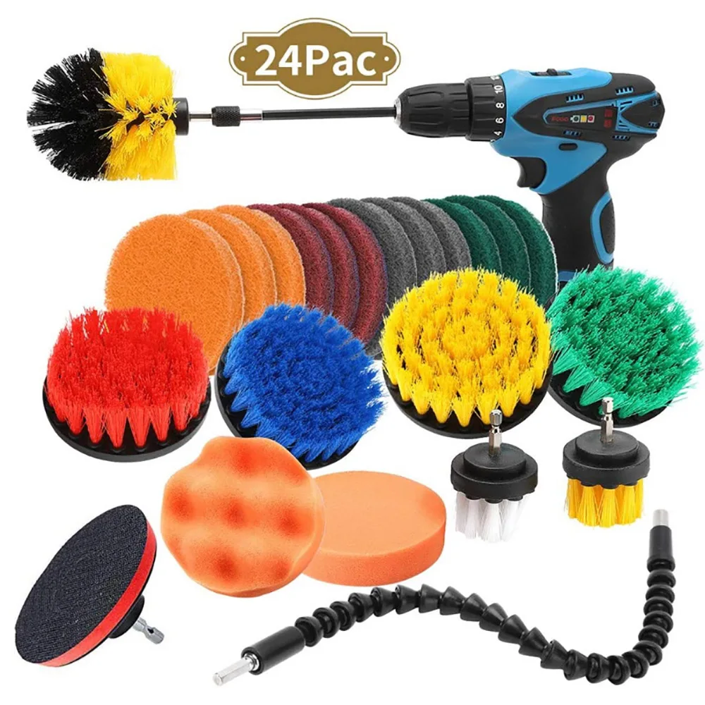 24Pcs Drill Brush Car Cleaning Beauty Drill Brush Carpet Cleaner Bathroom Toilet Scrubber Brush Household Cleaning Tools