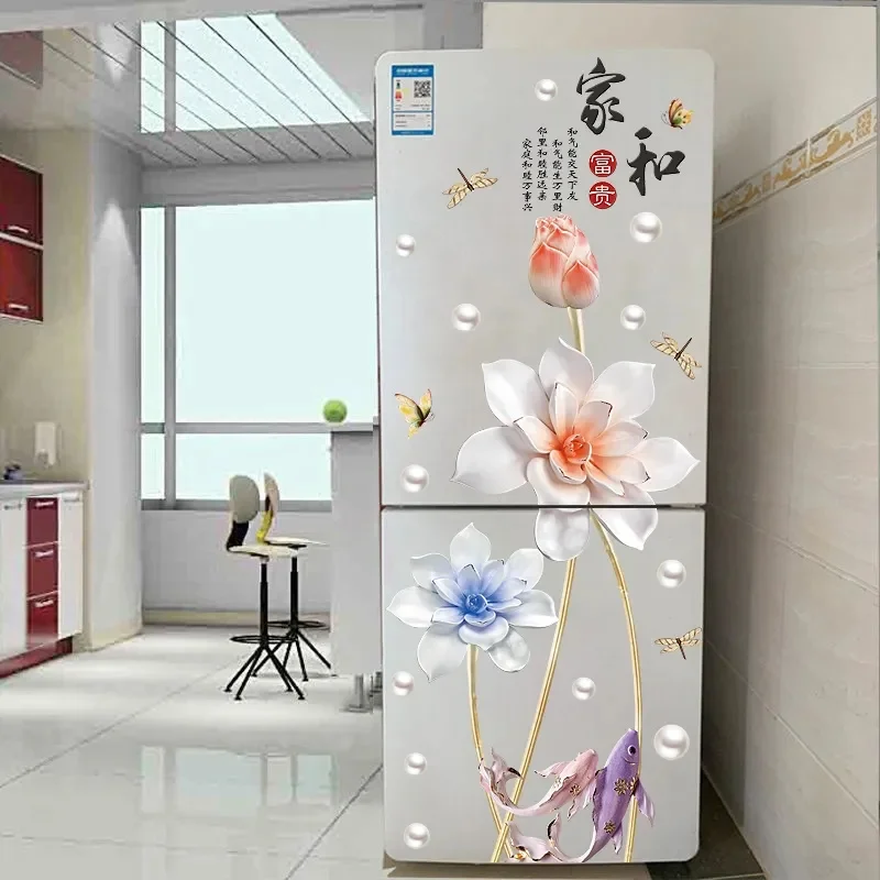 

Chinese Style Tulip Flower Refrigerator Stickers Self Adhesive Vinyl 3D Wall Sticker Kitchen Fridge Decoration Decal Wall Art