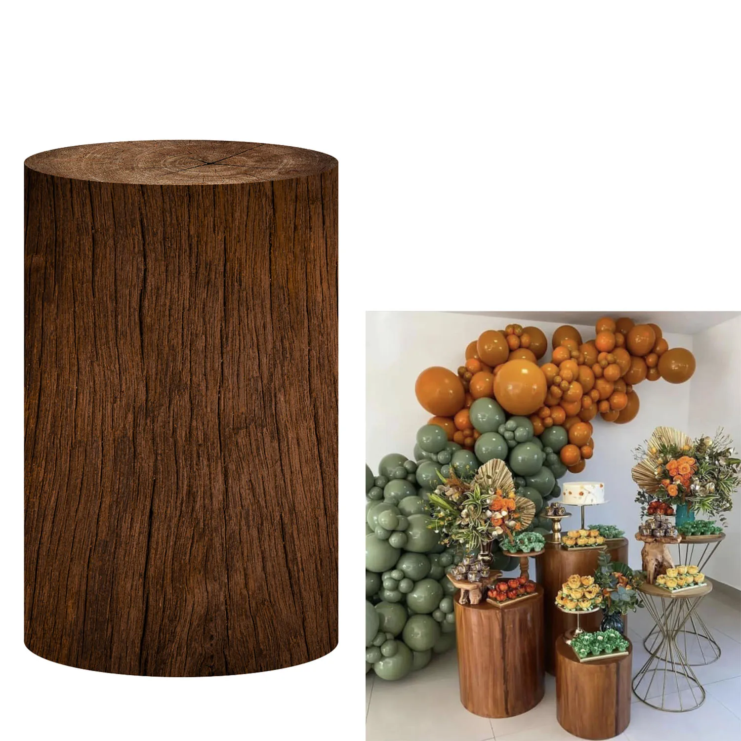 

Cylinder Plinth Cover with Elastic Band Jungle Forest Wood Stump Pedestal Covers Baby Shower Birthday Dessert Cake Table Decor