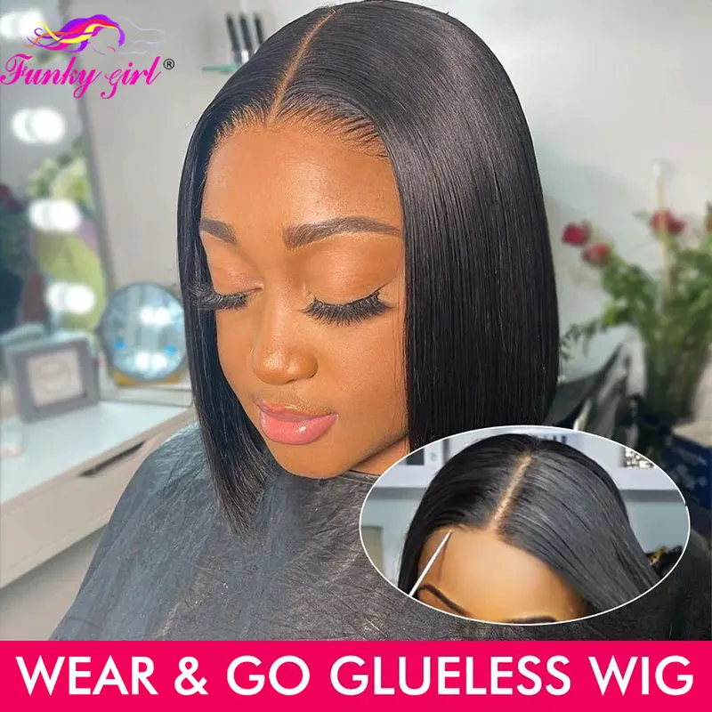 Glueless Bob Wig Straight Wear And Go Glueless Human Hair Wigs Brazilian Short Bob 4x4 Lace Closure Wig Pre Plucked Ready To Go