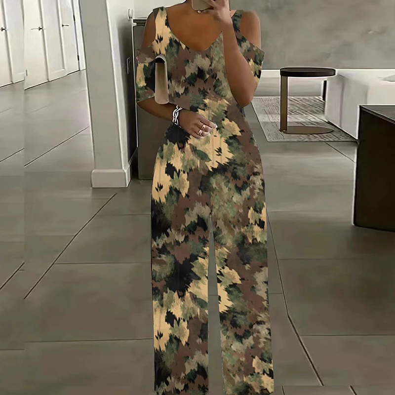 Офисные длинные комбинезоны с винтажным узором и v-образным вырезом сексуальные