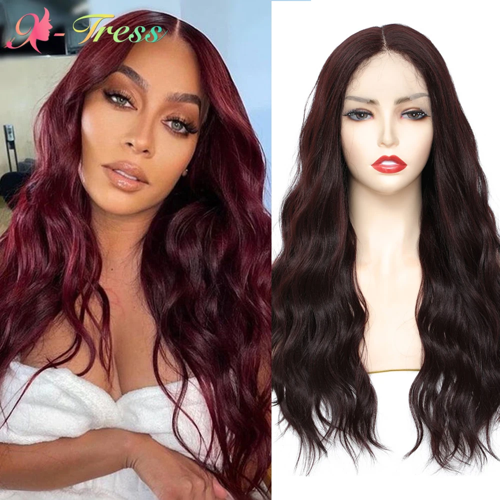 

X-TRESS Synthetic Lace Front Wigs For Black Women Ombre 99J Color Long Natural Wave Middle Part Lace Wig High Temperature Fiber