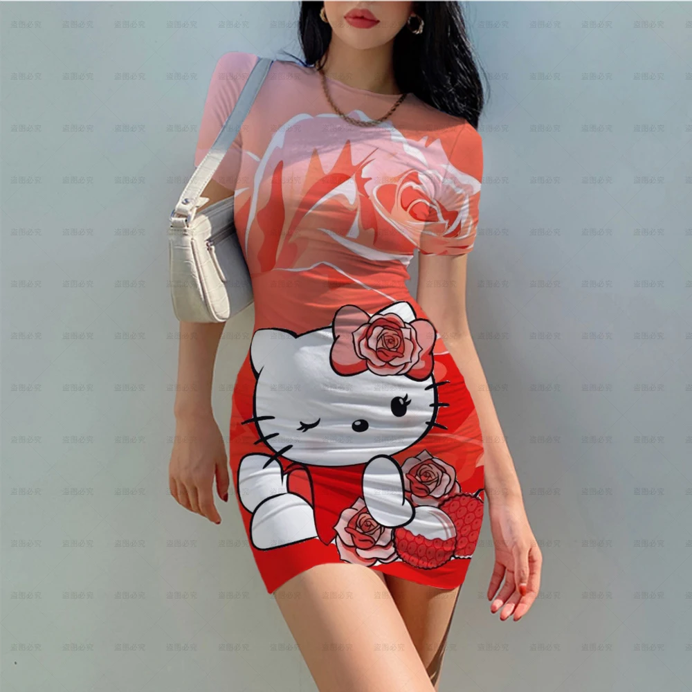 

2023 Hello Kitty Cartoon 3d Print Sexy Tight Fitting Dress Summer Fashion Bag Hip Beach Party High Street O-neck Dresses Hot Sal