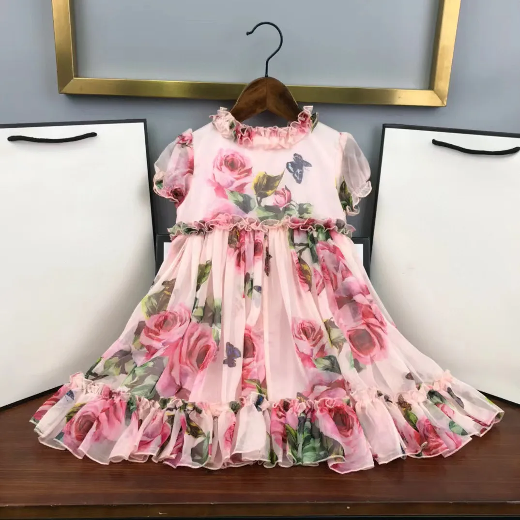 

2022 Summer high quality fashion brand pink printed Bubble Sleeve Chiffon Princess Dress Girl Dress 2 4 6 8 10 years old