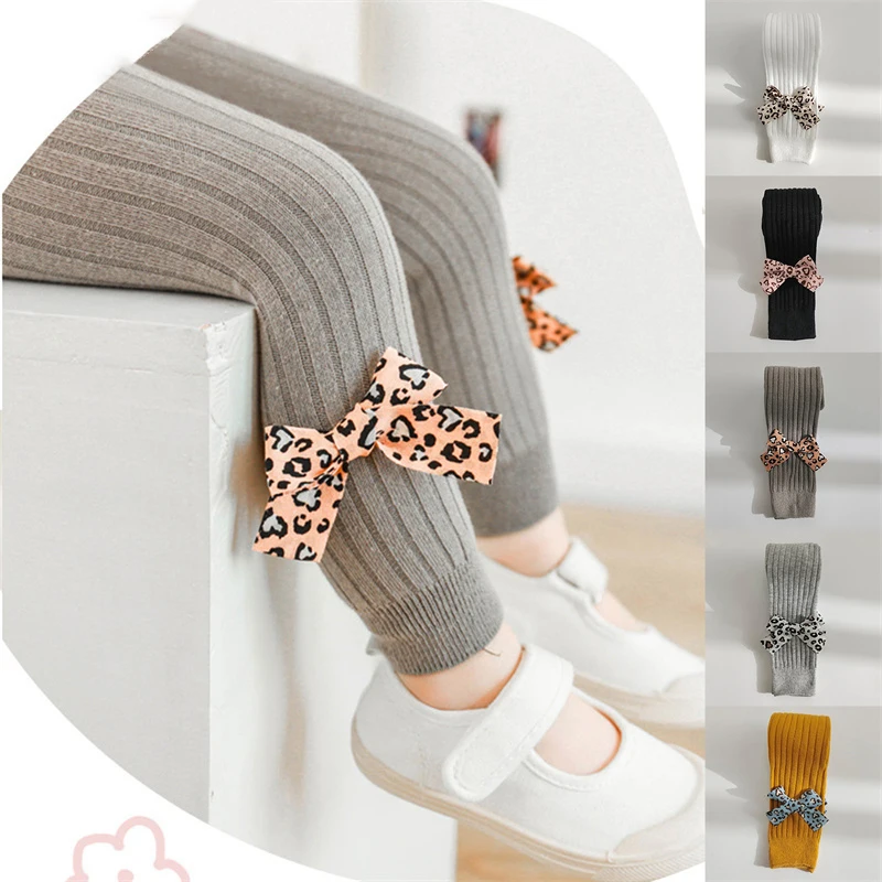 

0-4 Years Spring Autum Legging for Girls Children Fashion Leopard Bow Breathable Cotton Knitted Child Trousers Baby Tights Pants