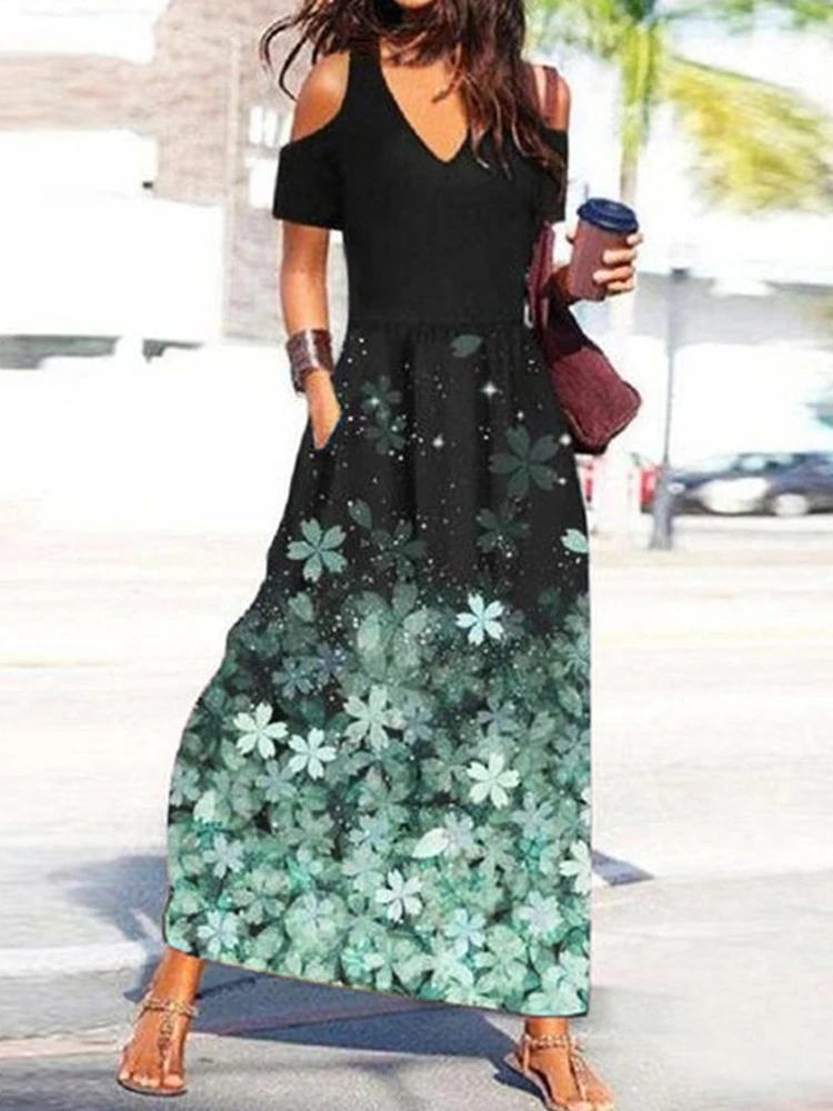 

3XL Summer Floral Print Holiday Beach Dress Women Sexy Off Shoulder Short Sleeve Maxi Dress Spring V Neck Loose Long Party Dress