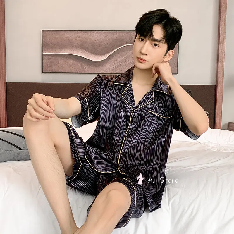 Men Pajama Sets Silk Satin Pijama Turn-down Collar Sleepwear Short Sleeve Spring Nightwear 2 Pieces Sets Homewear L-5XL