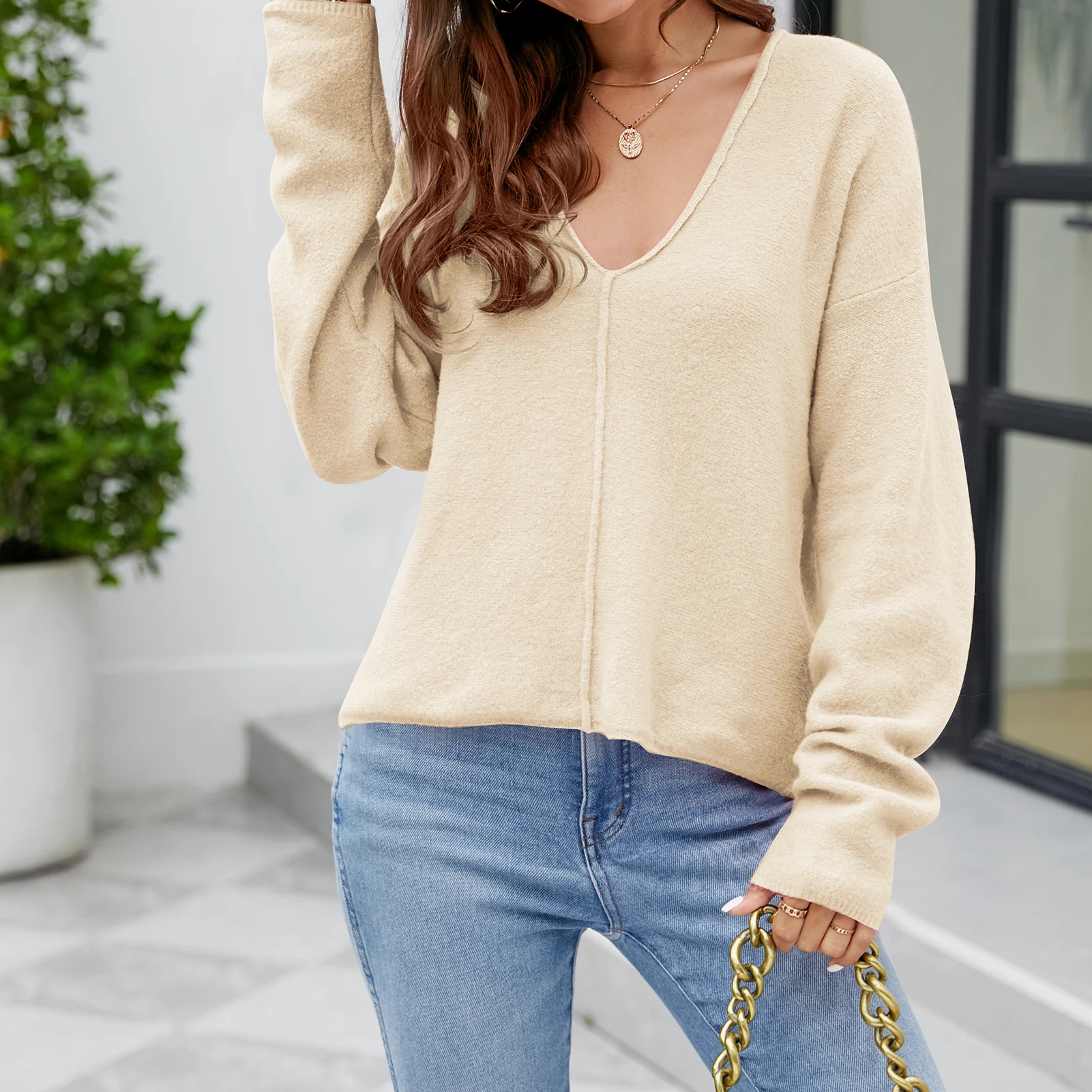 

2023 Autumn Knit Sweater Women Batwing Sleeve Loose Pullover V Neck Cami Shirt Top Solid Color Casual Style Streetwear Sweaters