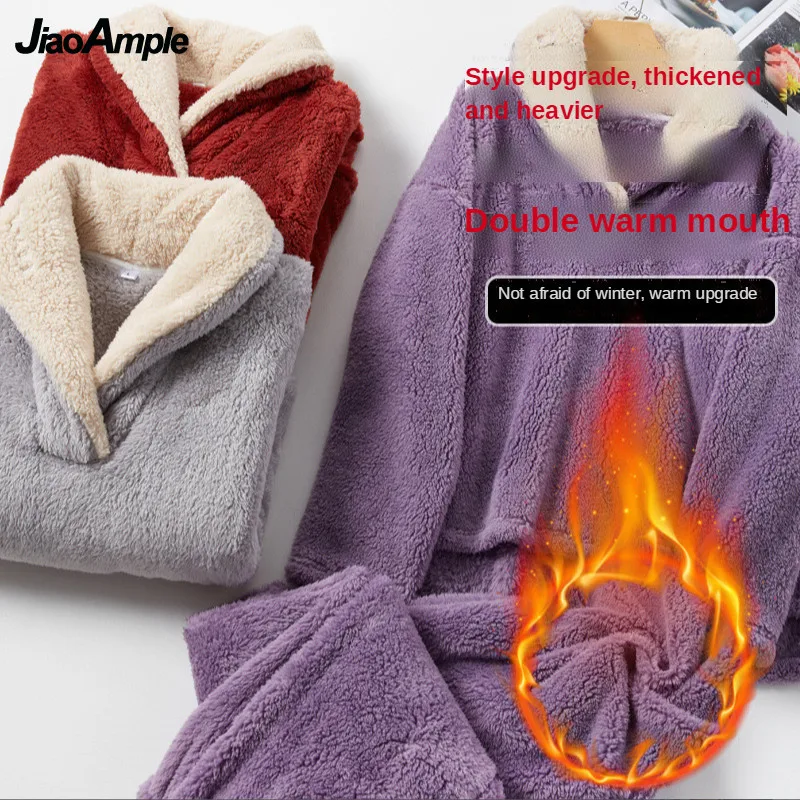 Winter Warm Pajamas Women's Solid Coral Fleece Pijamas Trousers Two-piece Korean Fashion Sleepwear Nightwear Home Clothes Suit