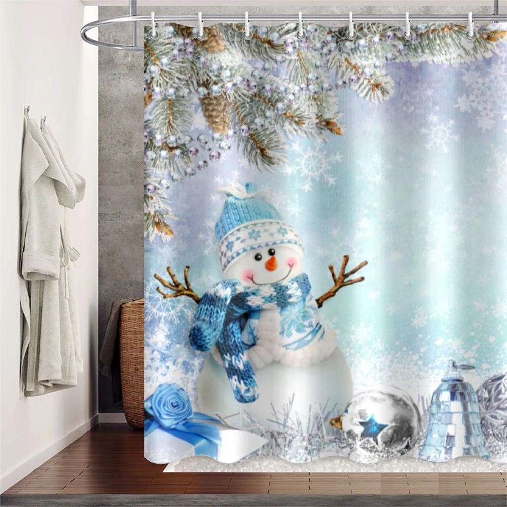 

Winter Snowman Christmas Shower Curtain Snowy Forest Snow Covered Pine Trees Polyester Waterproof Bath Curtains Bathroom Decor