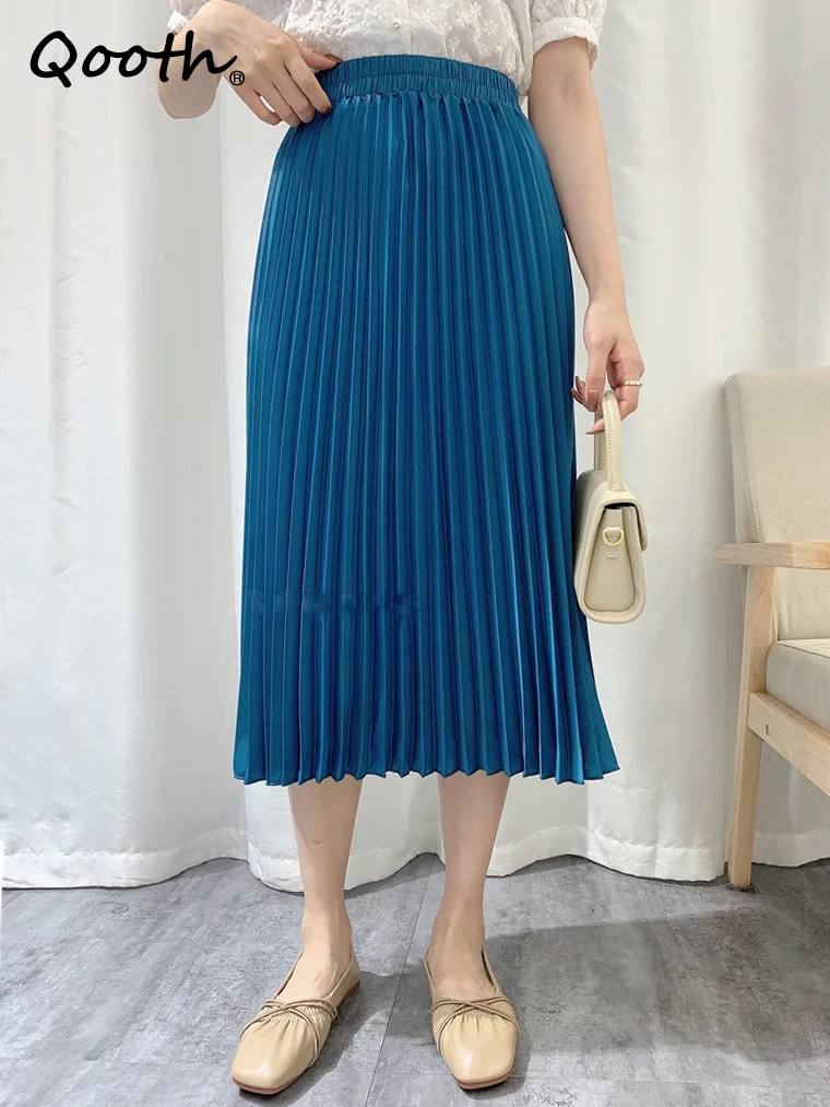 

Qooth Women Spring Autumn Elastic Waist Midi Pleated Skirt Elegant Vintage Solid Color High Waist Long A-line Skirt QT1906