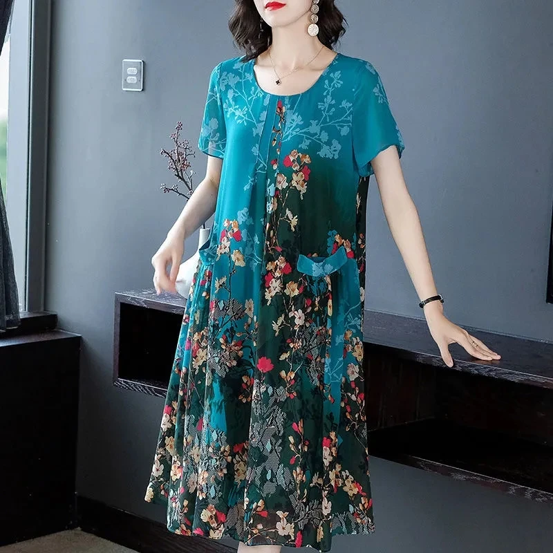 

Fashion Mother Summer Chiffon Round Neck Dress Women Long Print Dresses Lady Temperament Female Short Sleeve Dress Red Blue