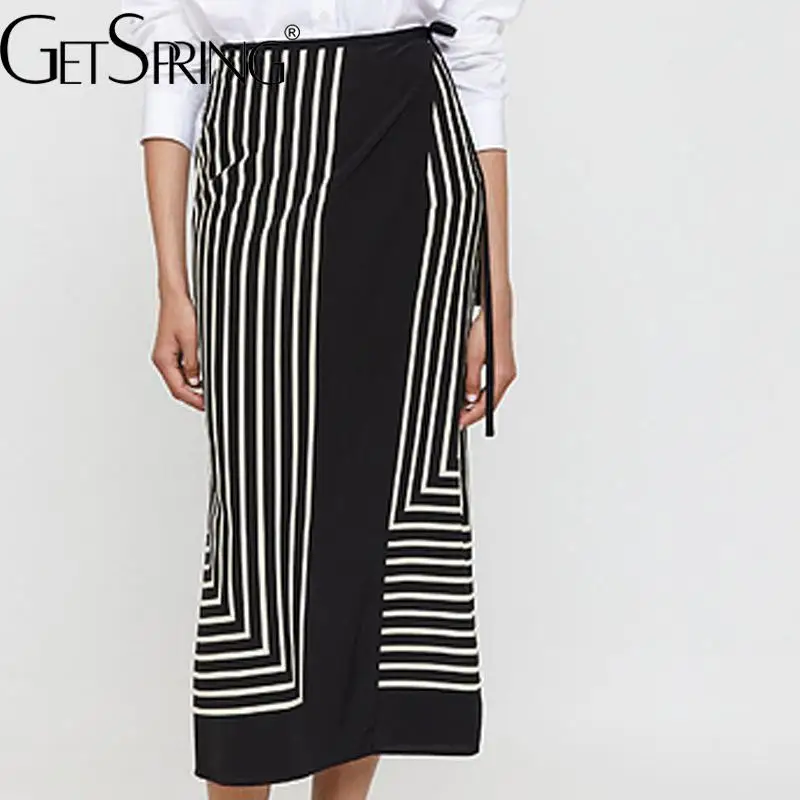

GetSpring Women Skirt Summer Retro Striped Patchwork Lace Up High Waist Hip Wrap Long Black Skirts 2022 New Arrival High Quality