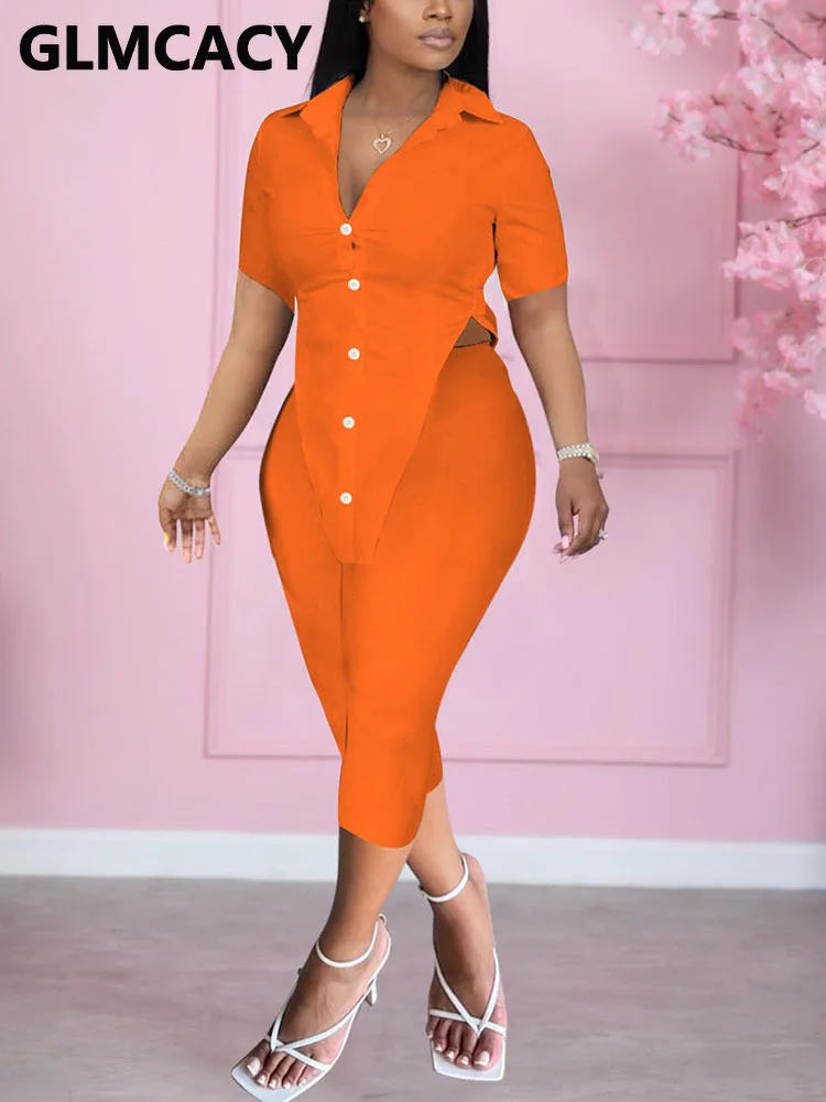 

Women Two Piece Summer Chic Shirt Set Short Sleeve Button Up Blouse & Slim Short Set