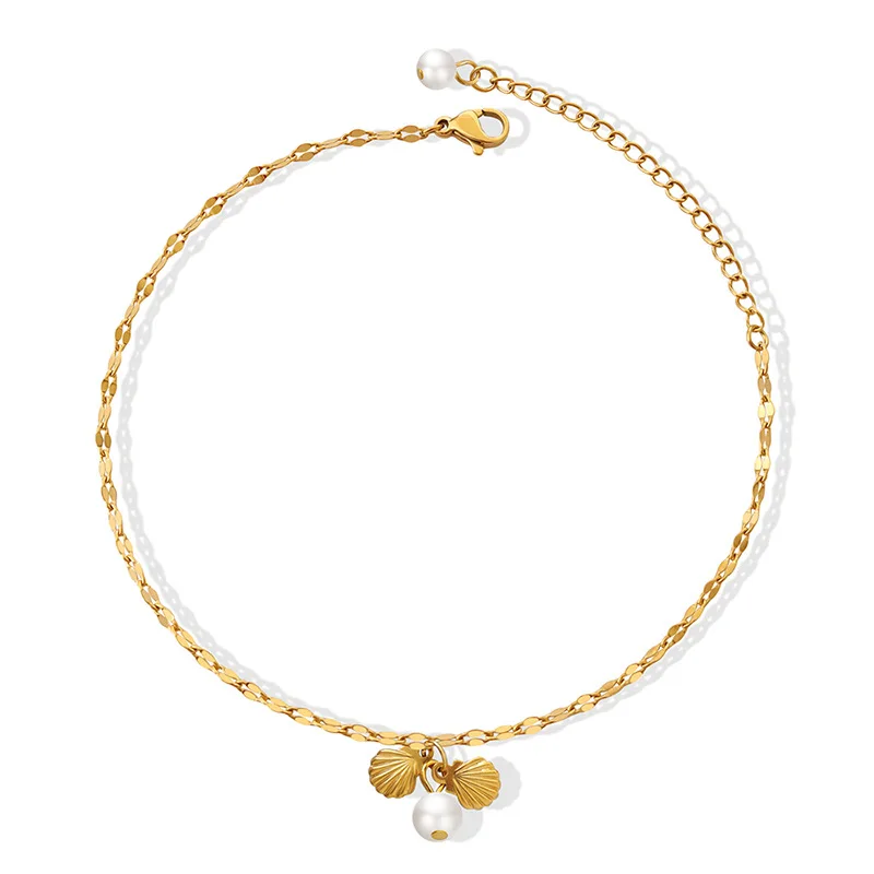 

2022 Korean Metal Shell Pearl Anklet For Women Gift Summer Beach Stainless Steel Foot Bracelet Ornaments Waterproof Jewelry