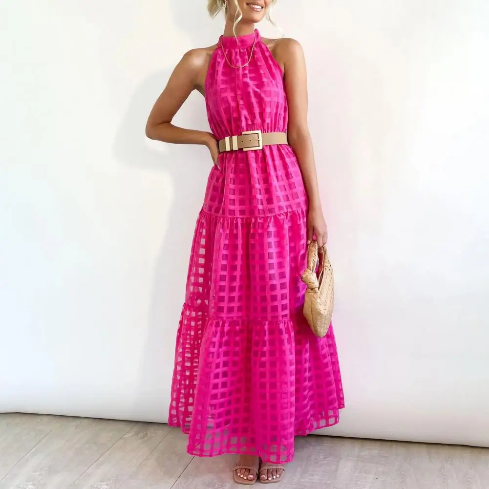 

Halter Sleeveless Women Dress Grid Texture Tie Waist A-Line Summer Dress Ruffle Stitching Hem Solid Color Maxi Dress Streetwear