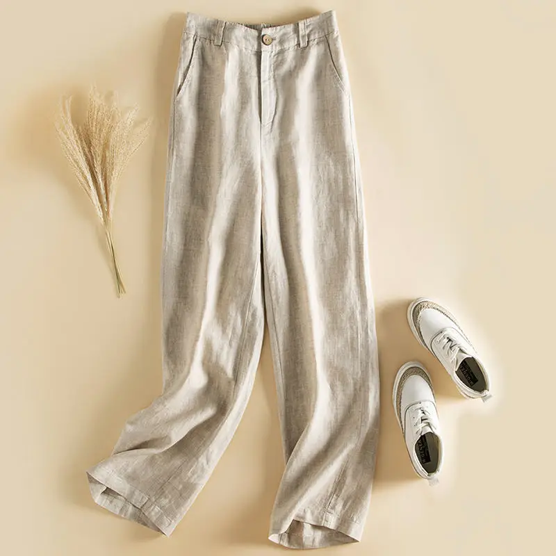 

Брюки женские льняные с широкими штанинами, с высокой талией