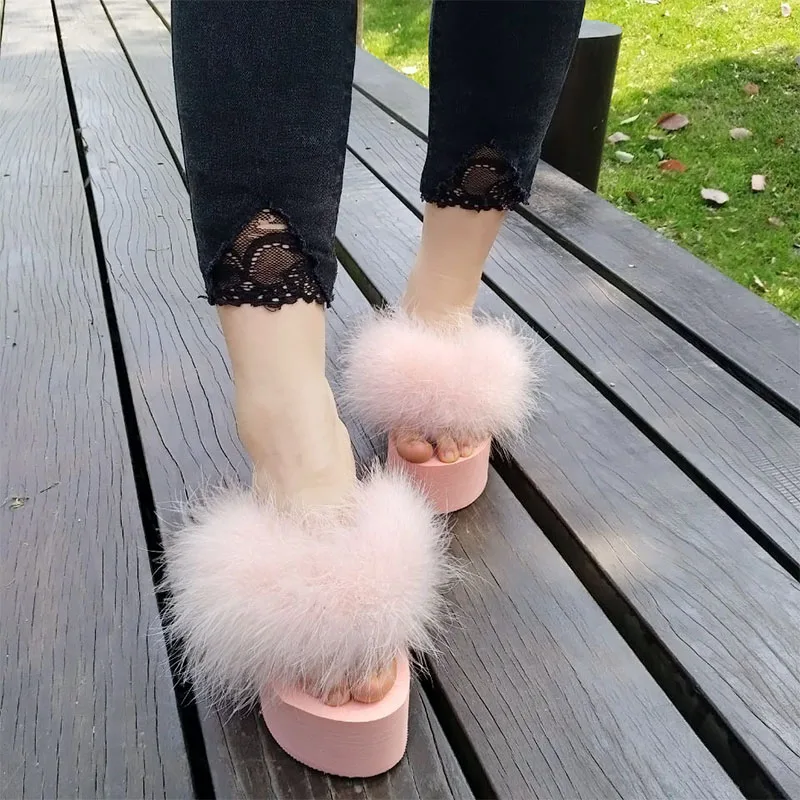 

Shoes Woman 2022 Slippers Flat Rubber Flip Flops Raccoon Fur Slides On A Wedge Platform Shale Female Beach Hawaiian Plush Sabot