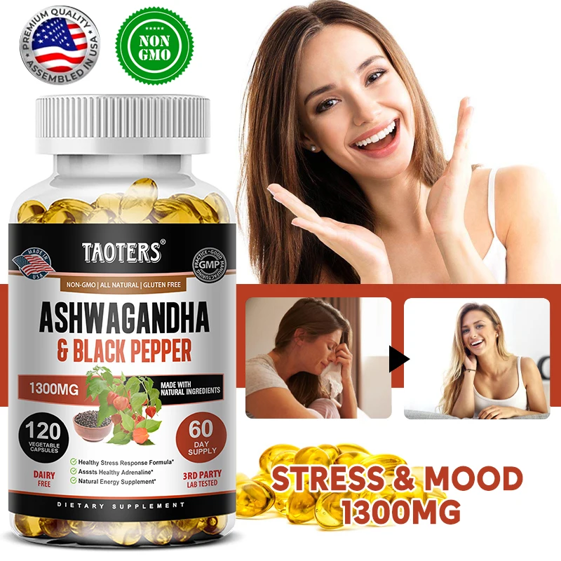 

TAOTERS Ashwagandha Capsules Natural Sleep, Immune Support, Mood and Strength Support Supplement Black Pepper To Stay Active