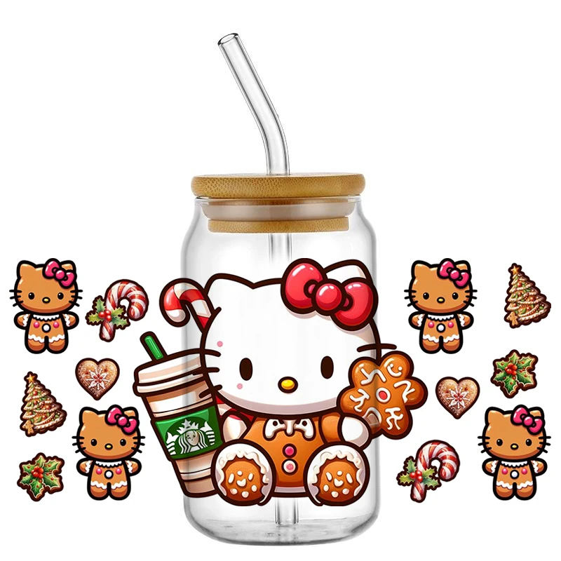 Miniso Рождественская наклейка на чашки Hello Kitty Cat Ginger Man 3D UV DTF для 16 унций Libbey DIY