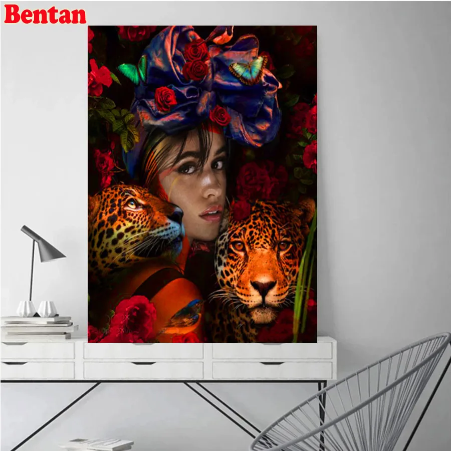 

Полноразмерная квадратная круглая Алмазная вышивка из бусин Леопард женщина Фэнтезийный цветок 5D алмазная живопись «сделай сам» вышивка крестиком мозаичная картина