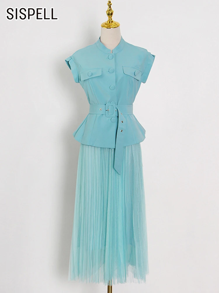 

SISPELL Solid Two Piece Sets For Women Stand Collar Sleeveless Tops High Waist Mesh A Line Skirt Loose Set Female Fashioin 2022