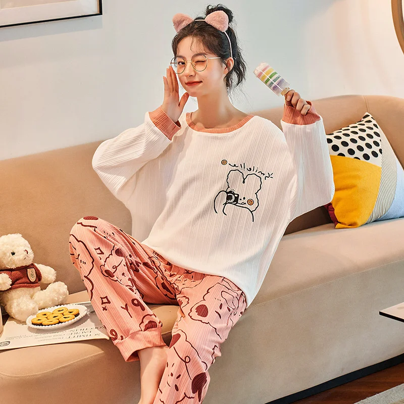 pajamas women's autumn  winter long sleeved trousers pure cotton sweet  lovely cartoon loose home clothes can be worn out suit