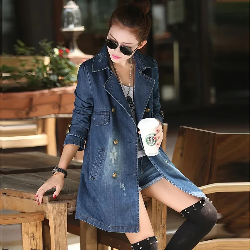 Куртка женская джинсовая средней длины модная повседневная двубортная ветровка