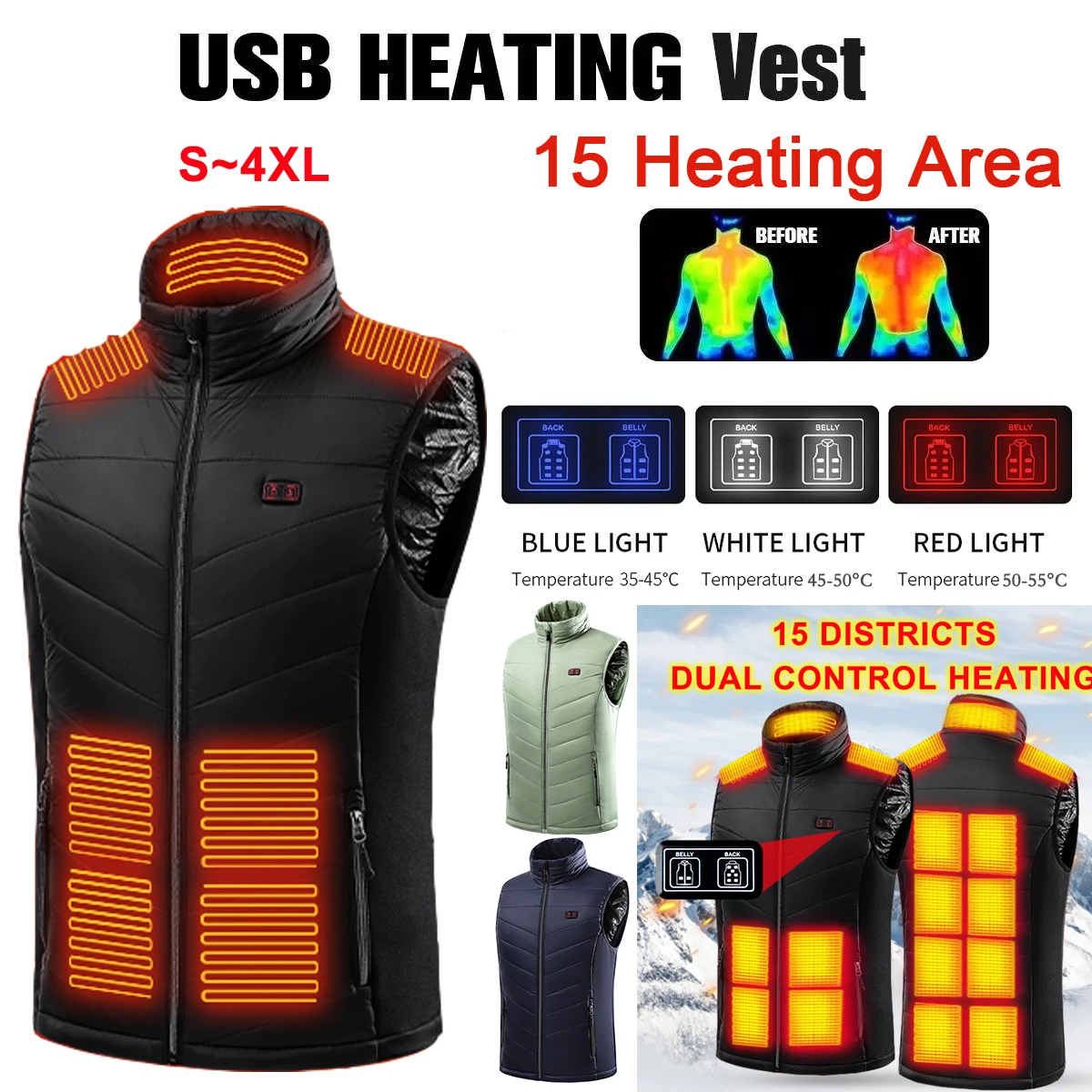 

Helisopus 15 Zone Heating Vest Winter Warmth USB Intelligent Heating Sleeveless Jacket Outdoor Hiking Ski Warm Vest Men Women