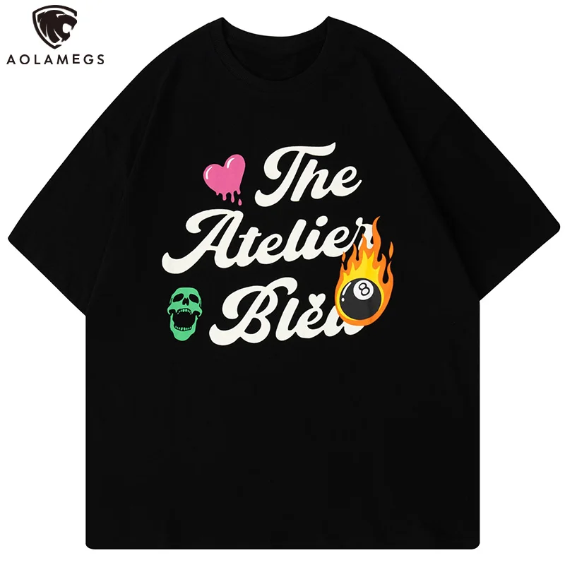 

Aolamegs Men's T Shirts Bright Color Graphic Letter Skull Skeleton Print Distressed O-Neck Tee Simple High Street Men's Clothing