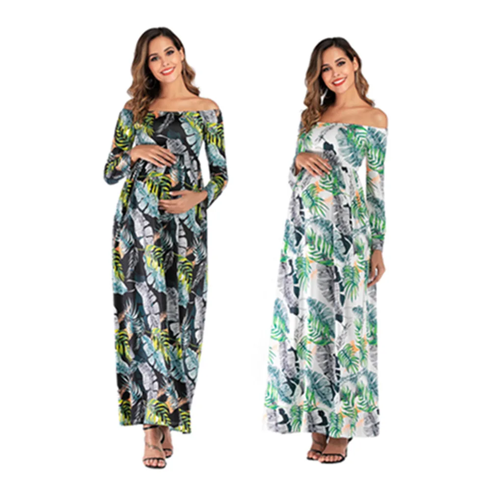 2022 fashion pregnancy dress cotton one shoulder printed long sleeved maternity dress clothes for pregnant women maxi dress