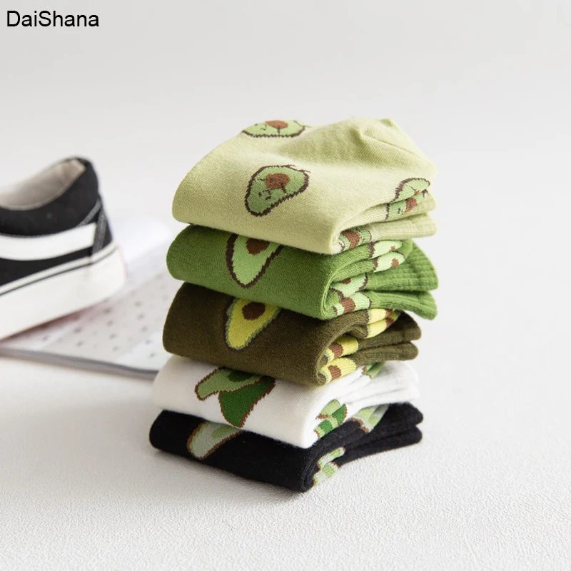 5 Pairs Spring Summer Cotton Socks Women Avocado Embroidery Breathable Harajuku School Girl For Femal Funny Sokken Ankle Sox