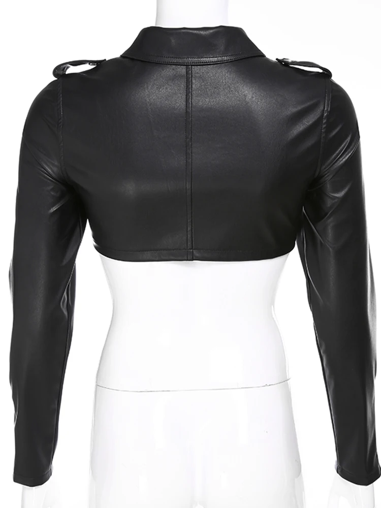 Iamhotty Black PU Leather Crop Jacket Street Wear Punk Style Womens Coats Long Sleeve Turn-Down Zipper Short Jacket 2019 Fashion