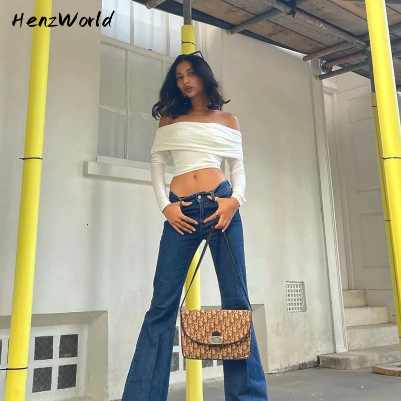 

HenzWorld летние укороченные топы с открытыми плечами и длинными рукавами, одежда для женщин, футболки, элегантные белые футболки с рюшами, однотонная одежда