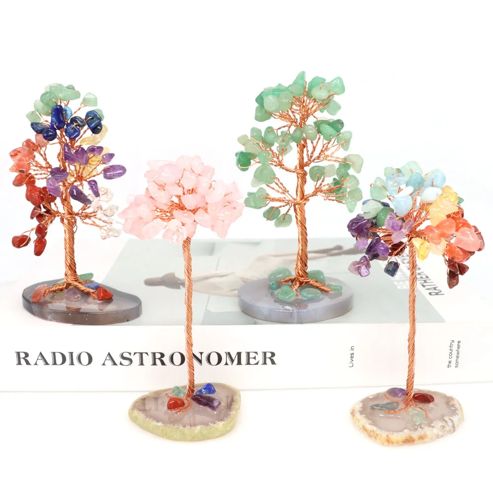 

7 Chakra Crystal Money Tree Copper Wire Wrapped On Agate Slice Base Natural Healing Gemstones Yoga Feng Shui Lucky Home Decor