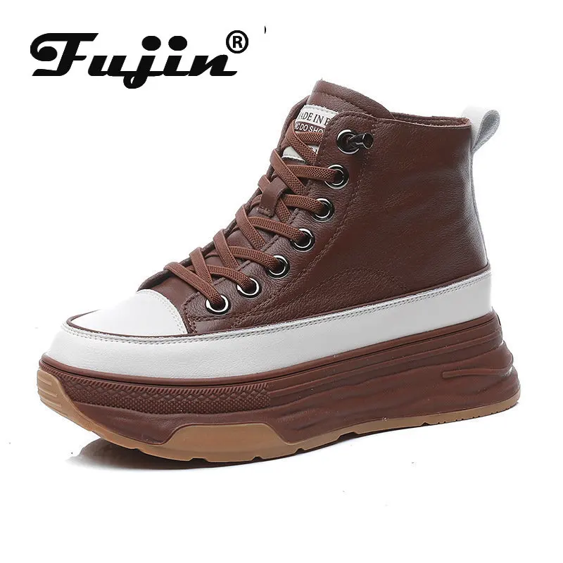 

Fujin 7cm Natural Genuine Leather High Top Platform Wedge Boots Hidden Heel Spring Autumn Sneakers Women Booties Females Shoes