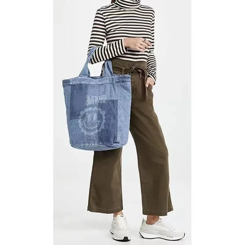 

Small group smiley face printed denim tote women's large bag one shoulder portable large capacity