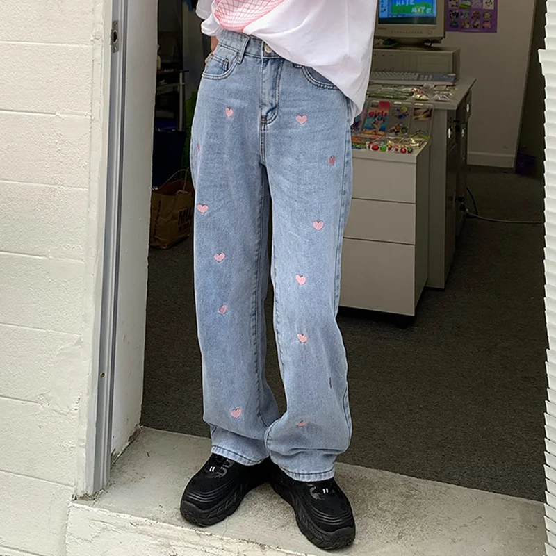 

vintage women's jeans shaped like heart embroidered, waistline pants wide leg, straight harajuku backpack jeans