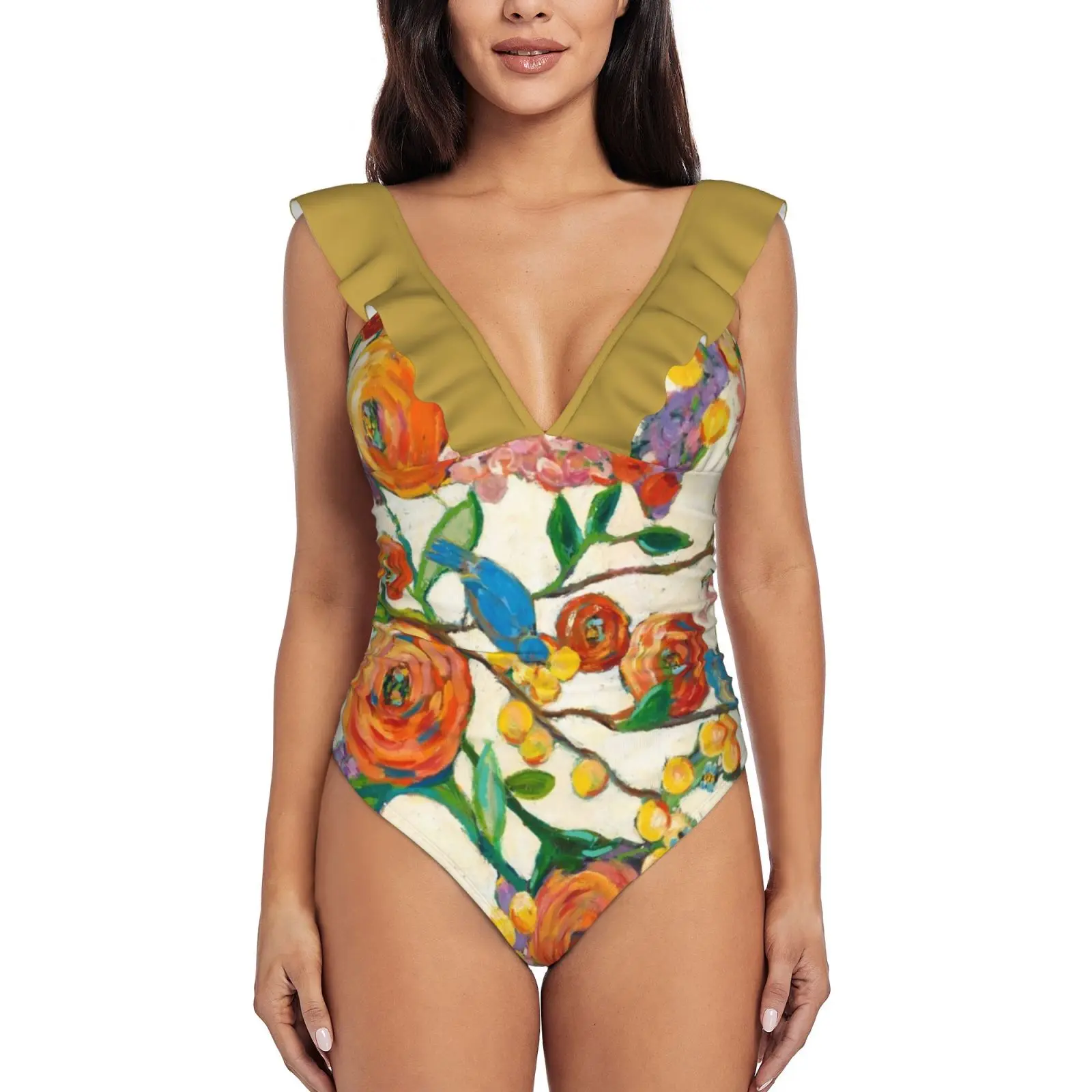 

Пикантный сплошной купальник для птиц и пчелов, женский купальник, монокини, купальный костюм с оборками, пляжная одежда, цветочные лимоны с...