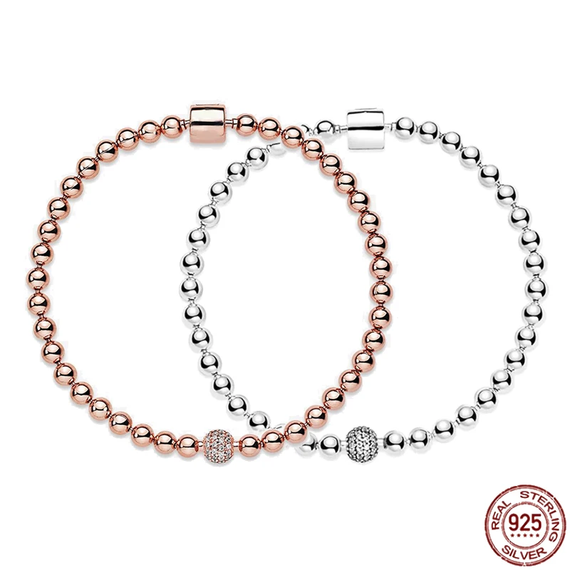 

Classic 925 Sterling Silver Rose Gold Bead Chain Bracelet Charming Ladies Exquisite Bracelet Gift give Family lovers and Friends