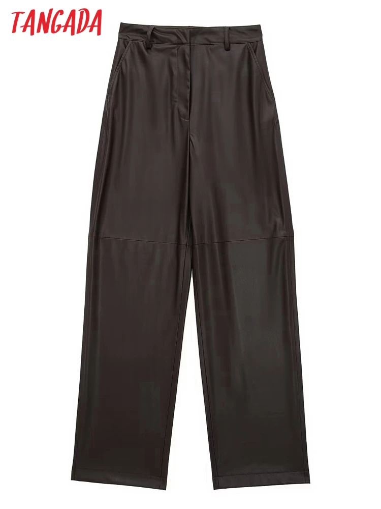 

Tangada 2022 Women Coffee Pathcowrk Faux Leather Pants Trousers Vintage Style High Waist Lady Pants Pantalon JE251
