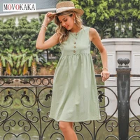 movokaka summer cotton linen mid camisole dress women casual loose sleeveless folds vestidos o neck button vintage dresses party