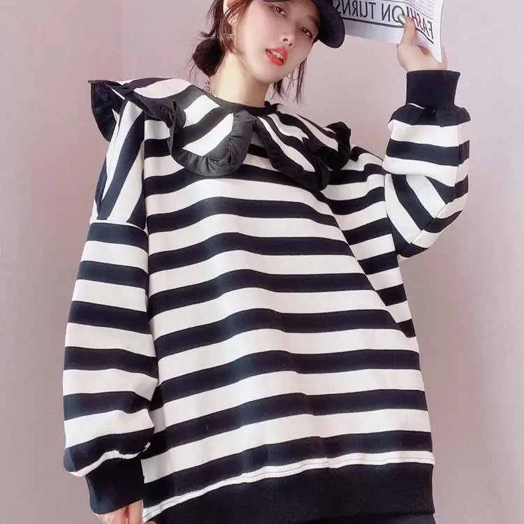 

Women Striped Sweatshirt Sweet Peter Pan Collar Long Sleeve Female Korean Sweatshirt Loose Fresh O-neck 2022 Spring Top A311