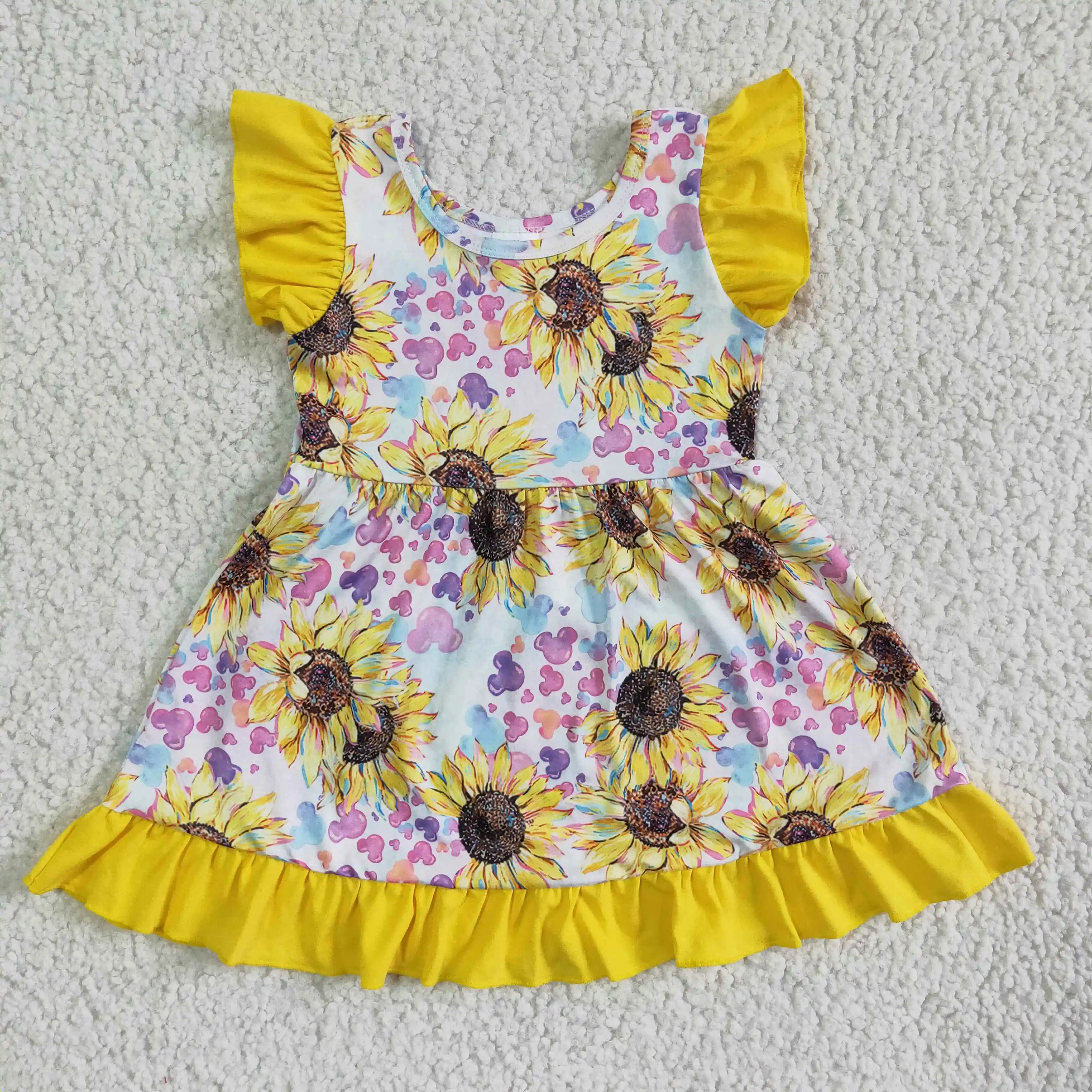 

Best-selling style summer short sleeve sunflower yellow kids dresses for girls cheap china wholesale kids clothing