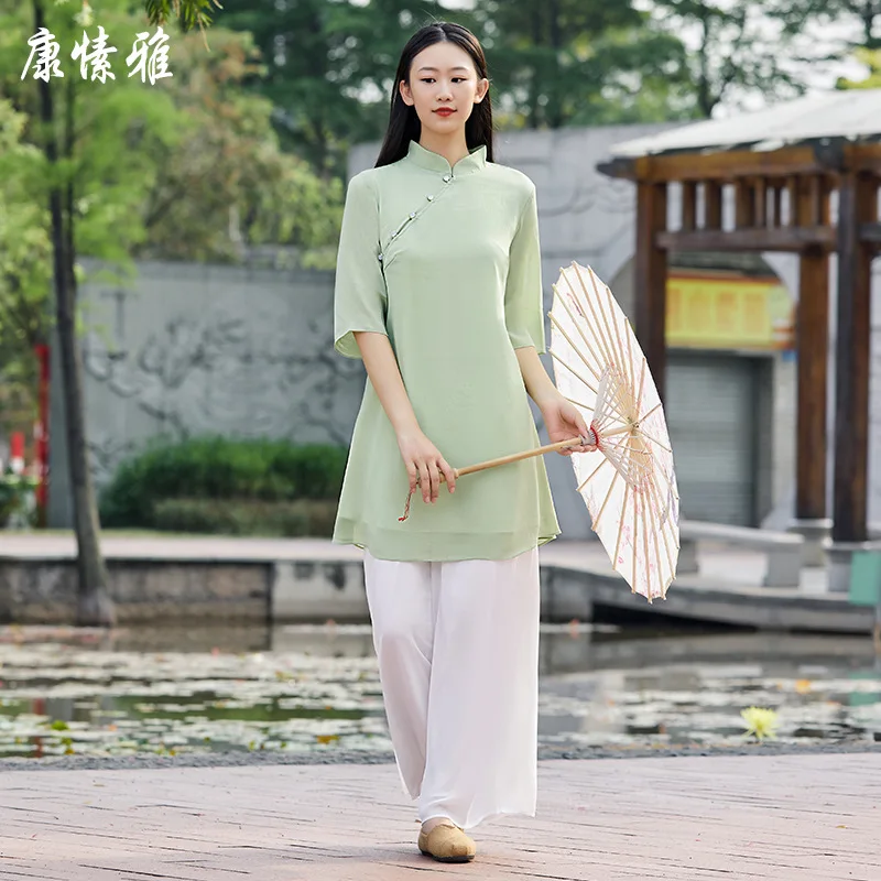 

Women Yoga Set Chiffon Loose Chinese Traditional Sweatshirt+pant Fitness Workout Casual Meditation Tai Chi Martial Arts Set