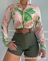 2022 summer new womens two pieces tropical print long sleeve stand collar shirt army green shorts set belt not included