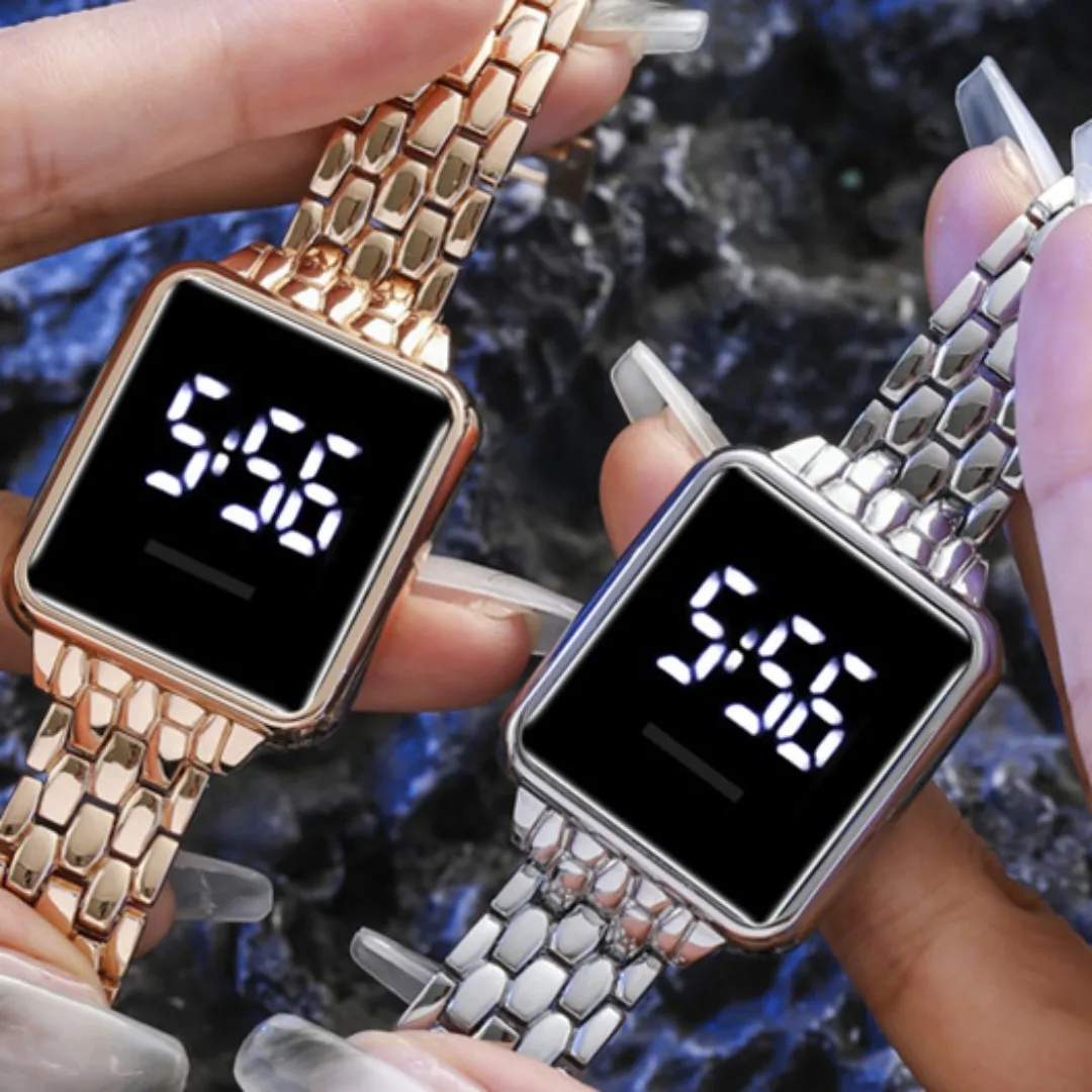 

Роскошные женские наручные часы из нержавеющей стали цвета розового золота, светодиодные цифровые часы для женщин, электронные часы, женские часы